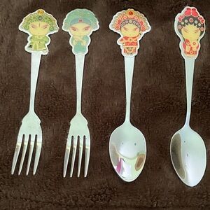 Chinese Spoon & Fork Beijing Opera Flatware Stainless Utensils by HOST. Set of 4
